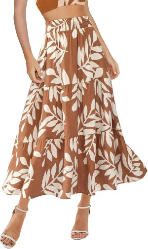 Womens Floral Maxi Skirt Boho High Waisted Tiered Long Skirt Flowy Summer Vacation A Line Beach Skirts Beach Outfits