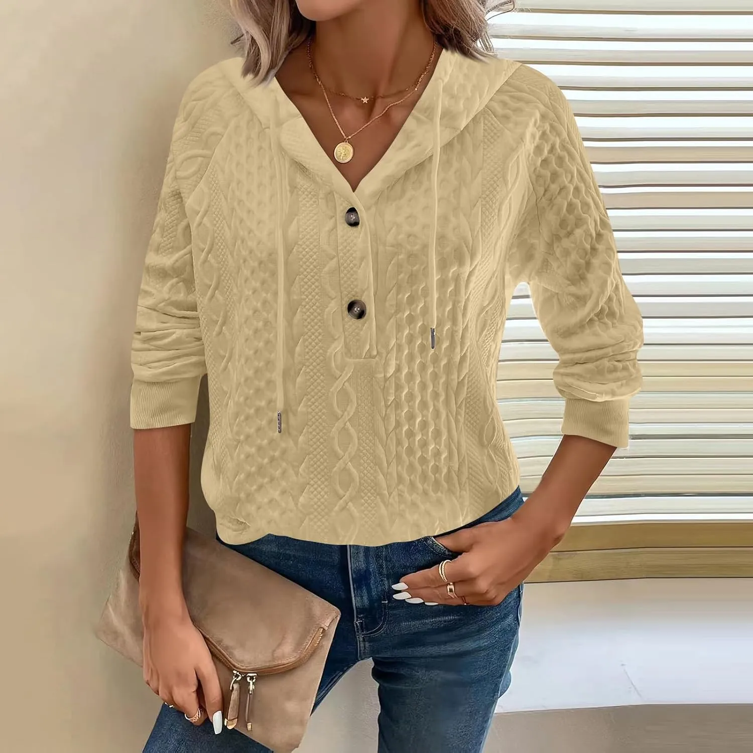Women's Long Sleeve Hooded Trendy Drawstring Sweatshirt 2024 Button Loose V-Neck Top Comfy Slim Clothes