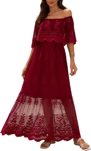 Women's Off The Shoulder Embroidered Lace Maxi Wedding Dress Boho Wedding Guest Formal Party Maternity Photoshoot Dresses