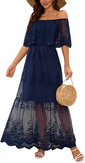 Women's Off The Shoulder Embroidered Lace Maxi Wedding Dress Boho Wedding Guest Formal Party Maternity Photoshoot Dresses