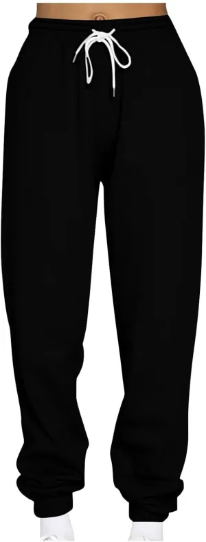 Women's Pants Drawstring Elastic Waist Sweat Pants Fleece Lined Solid Loose Fit Soft Athletic Jogger Pants for Women