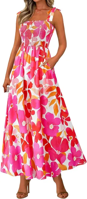 Womens Summer Floral Maxi Dress Sleeveless Tank Dresses Smocked Ruffle Long Flowy Beach Vacation Boho Sundresses