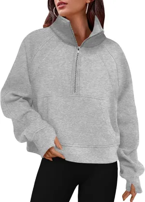 Women's Sweatshirts Fleece Lined Half Zipper Crop Pullover Tops Funnel Neck Long Sleeve Sweater Thumb Hole