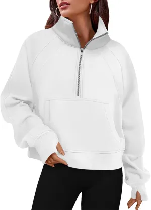 Women's Sweatshirts Fleece Lined Half Zipper Crop Pullover Tops Funnel Neck Long Sleeve Sweater Thumb Hole