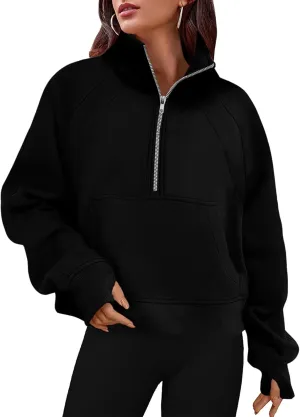 Women's Sweatshirts Fleece Lined Half Zipper Crop Pullover Tops Funnel Neck Long Sleeve Sweater Thumb Hole
