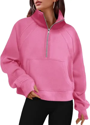 Women's Sweatshirts Fleece Lined Half Zipper Crop Pullover Tops Funnel Neck Long Sleeve Sweater Thumb Hole