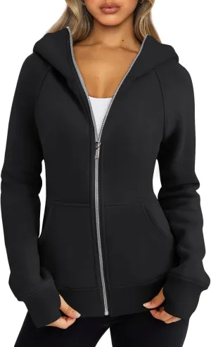 Womens Zip Up Hoodie Cropped Sweatshirts, Thumb Hole Fleece Jackets Casual 2024 Fall Fashion Outfits Winter Clothes